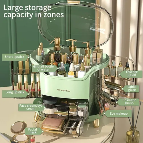 Miniatura 5 de Organizador de maquillaje para tocador, organizador de cuidado de la piel impermeable y a prueba de polvo con tapa y cajones, caja de almacenamiento