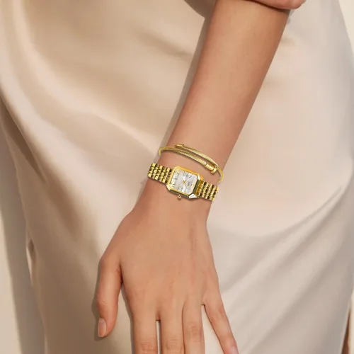 Miniatura 2 de FANMIS Juego de reloj de pulsera y brazalete para mujer en tono dorado, reloj de vestir casual simple con esfera cuadrada, correa sólida de acero