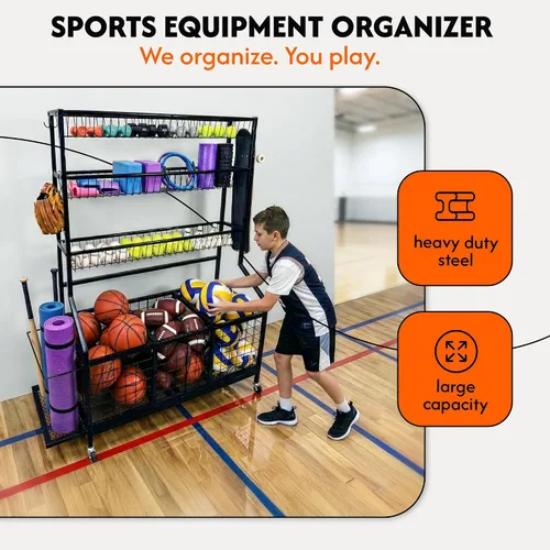 Miniatura 6 de AMPLY Organizador de equipo deportivo, estante de almacenamiento de pelotas deportivas rodantes con cubos de bolas grandes, rejilla lateral