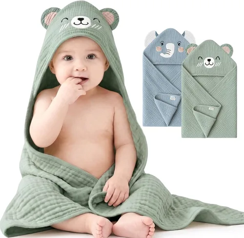 Konssy Paquete de 2 Toallas con Capucha de Muselina para Bebé, 100% Algodón, Toallas de Baño para Bebé Suaves y Absorbentes para Recién Nacidos,