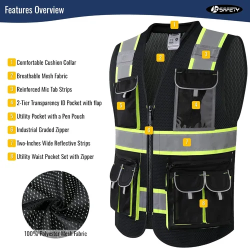 Miniatura 3 de JKSafety Chaleco de seguridad de malla con 10 bolsillos con cuello acolchado, chaleco Hi Vis, cintas reflectantes con tiras amarillas neón Negro