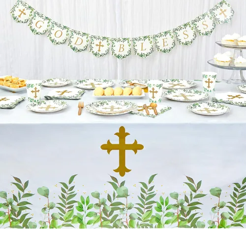 Miniatura 2 de Sparkle and Bash Manteles de bautismo, paquete de 3, 54 x 108 pulgadas, plástico dorado, decoración de mesa religiosa desechable para bautismo