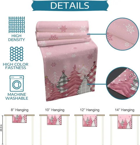Miniatura 7 de Blush Pink Cotton Linen Small Table Runner 13 x 36 inch Non-Slip Rectangular Dining Table Decor for Wedding Party Holiday Dinner Christmas Pine Tree