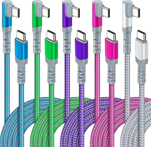 Miniatura 8 de Paquete de 5 cables USB C a USB C de 10 pies en ángulo recto USB C extra largo de 60 W/3A tipo C a tipo C, cable de carga rápida compatible