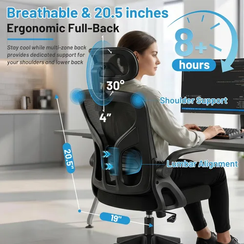 Miniatura 4 de Office Chair Ergonomic Desk Chair with Adjustable Headrest Lumbar Support, High Back Breathable Mesh Chair with 120° Tilt & Flip-Up Armrests, Swivel