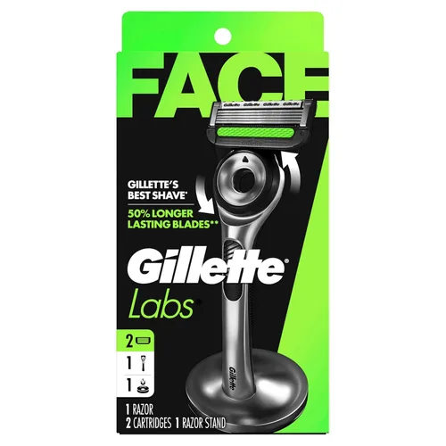 Gillette Labs - Maquinilla de afeitar para hombre, incluye 1 mango, 2 repuestos de cuchilla de afeitar, 1 soporte magnético de alta calidad Plateado