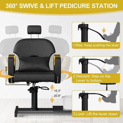 Miniatura 6 de KIGOTY Silla de pedicura sin fontanería, estación de pedicura reclinable con altura ajustable y giro de 360 grados, silla de spa hidráulica