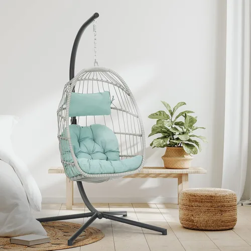 Miniatura 9 de Silla de huevo con soporte – Silla colgante de huevo de mimbre de ratán para dormitorio interior y exterior – Marco de aluminio resistente a la Azul