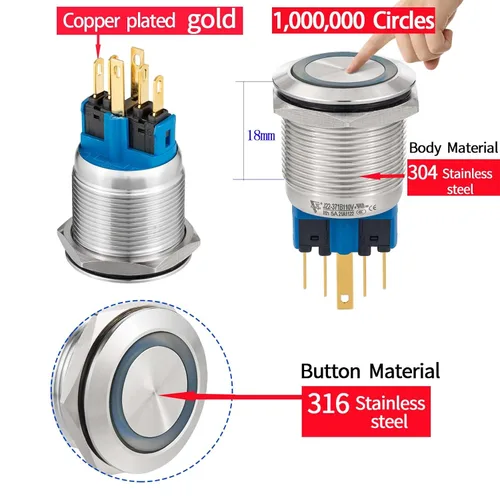 Miniatura 4 de 2 interruptores de botón de cierre de 0.866 in, 7/8 pulgadas, 110 V-120 V, SPDT, interruptor de encendido y apagado, impermeable, IP67, acero Azul