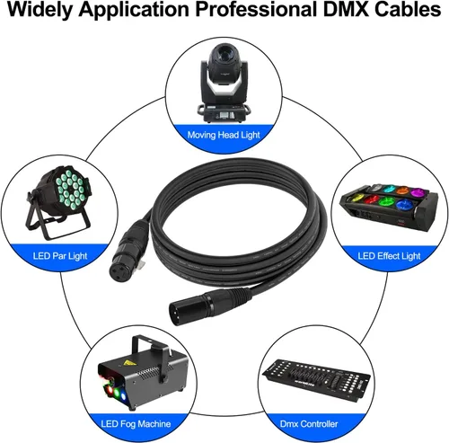 Miniatura 7 de Cable DMX de 10 pies, paquete de 4 cables de luz DMX de 9.8 ft, cables DMX de 3 pines, cable de señal XLR macho a hembra con conectores metálicos