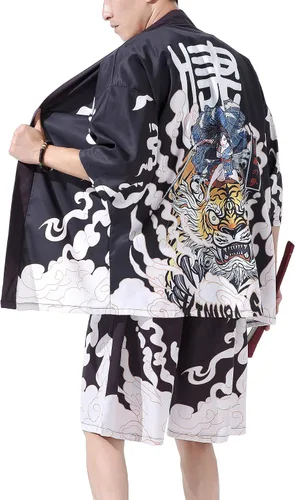 Miniatura 2 de PRIJOUHE Conjunto de kimono de estilo japonés para hombre, ligero, casual, con siete mangas, frente abierto, cárdigan y pantalones cortos