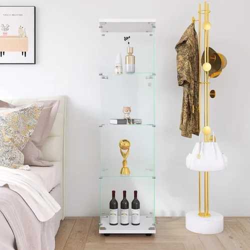 Miniatura 18 de Vitrina de cristal con luces LED y cerradura, vitrina Curio de 4 niveles con puerta de cristal, estantería de pie para sala de estar, dormitorio