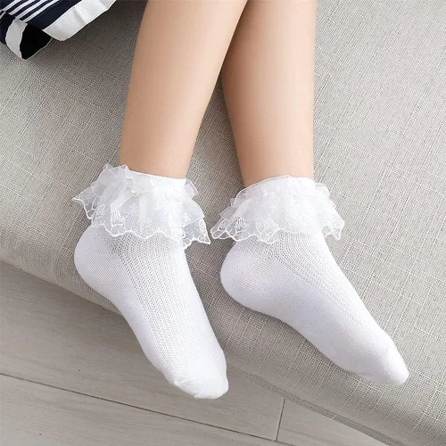 Miniatura 6 de Looching 5 pares de calcetines de encaje con volantes y lazo con volantes de malla con ojales de princesa, calcetines de vestir al tobillo