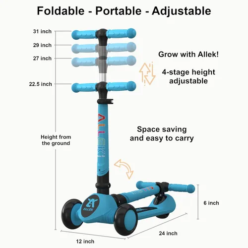 Miniatura 3 de Allek - Patinete plegable F02, patín de 3 ruedas con luces LED intermitentes y 4 alturas ajustables con cubierta antideslizante gruesa para niños