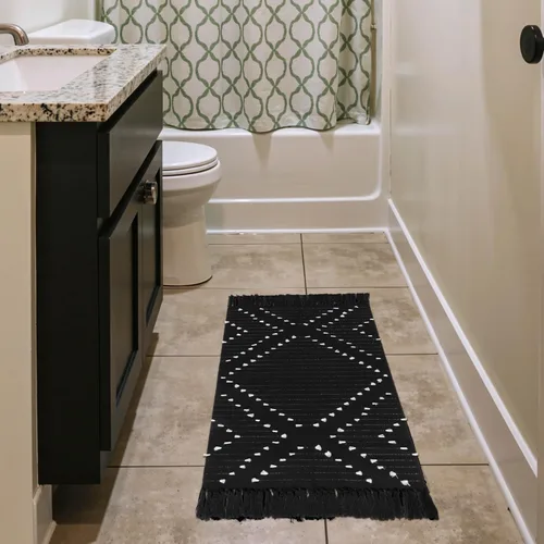 Miniatura 7 de LIVEBOX Alfombra de baño bohemia negra de 2x3 pies, alfombra de baño lavable, pequeñas alfombras tejidas de algodón, alfombra de área marroquí