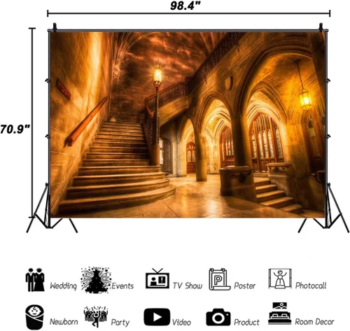 Miniatura 4 de AOFOTO Telón de fondo interior de castillo medieval vintage de 8 x 6 pies, columnas de arco retro, fondo de fotografía, escalera antigua, luz tenue