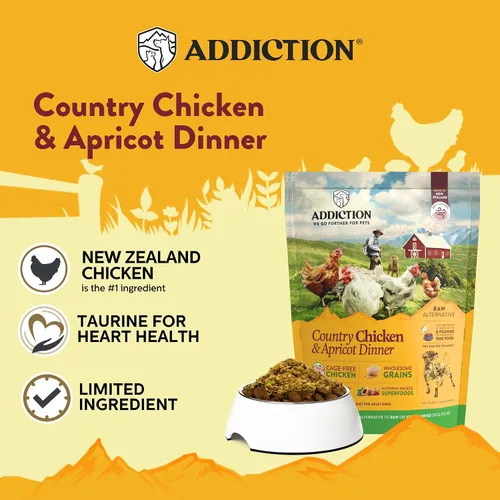 Addiction Country Chicken & Apricot Alimento para perros secado al aire sin granos – Comida completa o adorno con ingredientes naturales para la