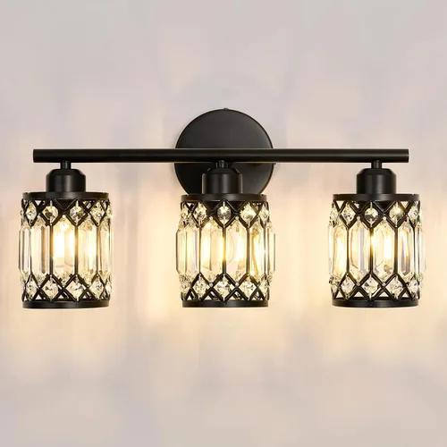 Miniatura 10 de CVKASH Accesorios de Lámpara de Tocador de Baño de 3 Luces Sobre Espejo, Lámpara de Tocador Moderna Negra con Pantalla de Vidrio, Aplique de Pared