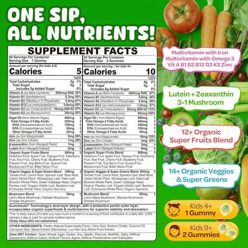 Miniatura 2 de NEVISS Multivitamínico para niños y adolescentes de 4 a 17 años con hierro Omega3 D3K2, Picky Eater Vitamin Super Greens Gomitas, frutas orgánicas