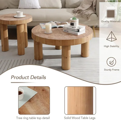 Miniatura 7 de RUSTOWN Mesa auxiliar redonda de 2 piezas, juegos de mesa auxiliar rústica, acabado de anillo de madera circular con patas de madera maciza, juego
