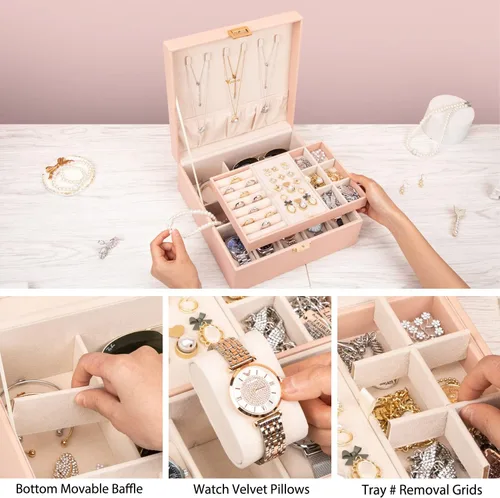 Miniatura 3 de Voova Joyero organizador para mujeres y adolescentes, estuche grande de almacenamiento de 2 capas, soporte de joyería de piel sintética con bandeja