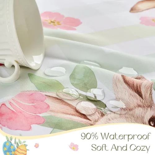 Miniatura 2 de Romanstile Mantel rectangular de primavera de Pascua, 60 x 120 pulgadas, mantel de tela impermeable a cuadros de conejo y huevos de búfalo