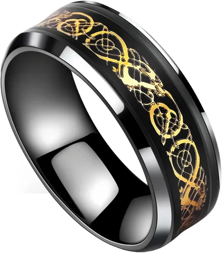 Miniatura 2 de Anillo de boda Tanyoyo de acero inoxidable de oro negro con motivo de dragón celta, tamaños 7 a 14.