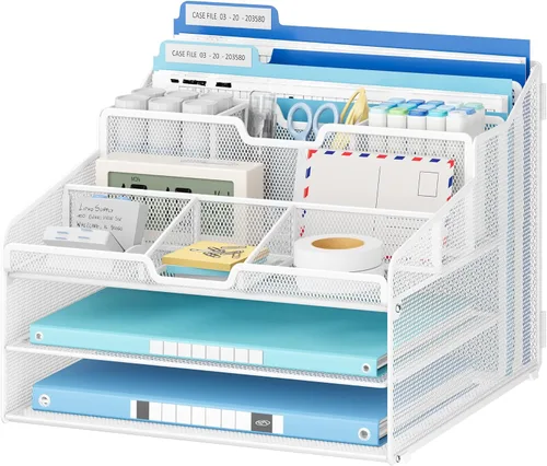 Miniatura 12 de Lavatino Organizador de escritorio, malla metálica con 2 bandejas de papel para cartas, 7 divisores flexibles, 2 soportes verticales para archivos