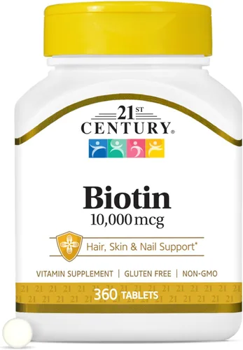 21st Century Biotina - Tabletas de 10,000 mcg (360 unidades), suplemento de biotina de alta potencia, apoya la salud del cabello, la piel y las