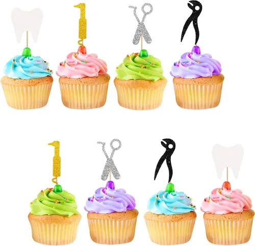 24 adornos para cupcakes para dentistas, decoración de pasteles de felicitaciones para dentistas, decoraciones de pastel con purpurina blanca y