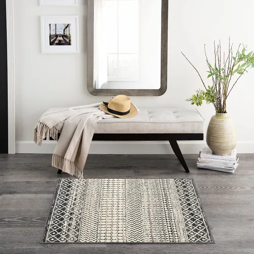 Miniatura 6 de Alfombra marroquí de área de 2x3 pies, color negro desgastado, alfombra de entrada antideslizante pequeña, suave, de pelo bajo, lavable, tapete