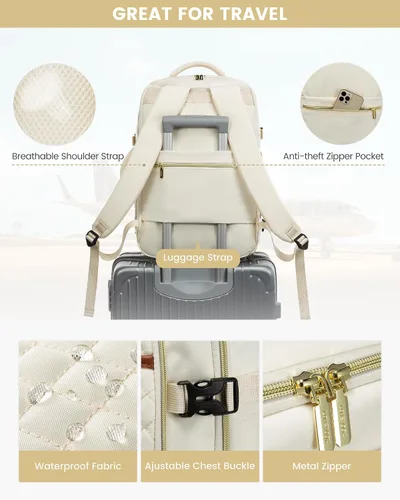 Miniatura 4 de LOVEVOOK - Mochila para laptop con bolso para mujer, mochila de viaje de moda, aprobada por aerolíneas, Beige, Mochilas de viaje