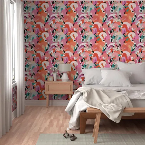 Miniatura 5 de Spoonflower Despegar y pegar muestra de papel tapiz - Naranja Rosa Grande Flamenco Pájaro Plumas Tropical Florida Coastal Collage Ilustración Casa