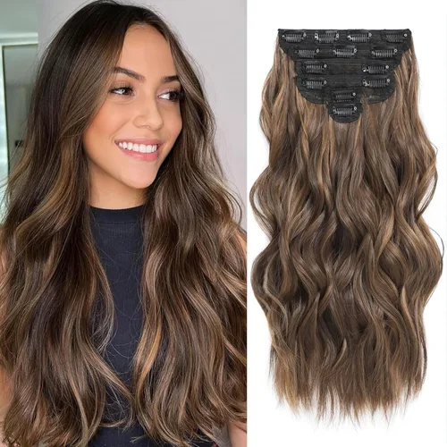 Miniatura 17 de Fliace Extensiones de cabello con clip para mujer, extensiones de cabello ondulado largo de color marrón medio, extensiones de cabello sintético