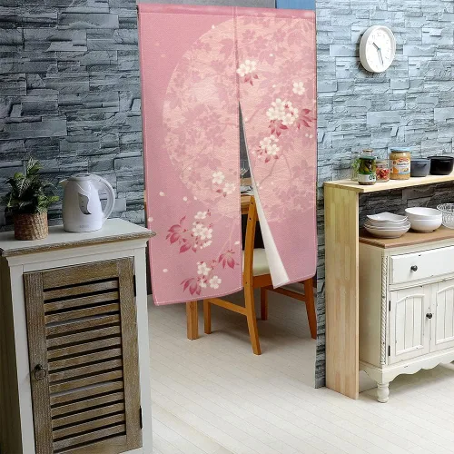 Miniatura 4 de Leowefowa Noren - Cortina de puerta de estilo japonés, estampado de flores rosadas, luna, cortina de puerta, tratamiento de ventana, tapiz
