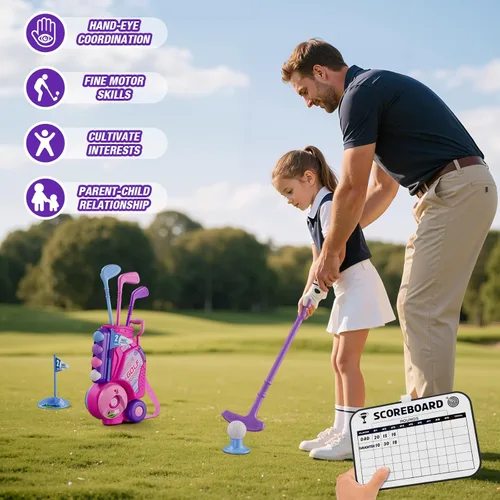 Miniatura 7 de HYES Juego de Golf para Niños Pequeños de 2-4 Años, Club de Golf para Niños con 8 Pelotas, 4 Palos de Plástico, Tapete de Putting, Marcador, Bolsa