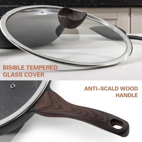 Miniatura 7 de Kordisen Wok antiadherente con tapa, woks y sartenes de 12 pulgadas, revestimiento de piedra de granito para cocinar, utensilios de cocina de Negro
