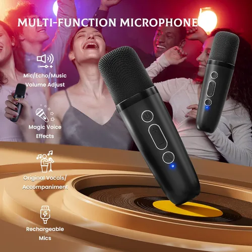 Miniatura 3 de IROO - Máquina de karaoke para niños y adultos, minialtavoz Bluetooth portátil con 2 micrófonos inalámbricos y luces de fiesta, para celular, regalo