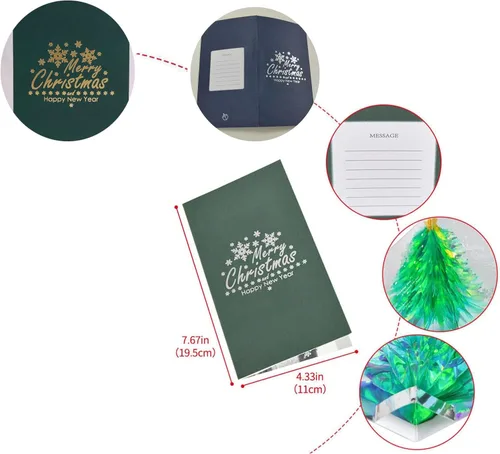 Miniatura 5 de Tarjeta desplegable 3D única de árbol de Navidad, tarjeta de felicitación con purpurina para árbol de Navidad, tarjeta tridimensional de cristal