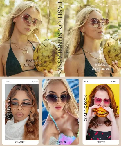 Miniatura 6 de Dollger Lentes de sol con forma de corazón, con marco de metal fino, sin marco, con forma de corazón, con protección UV400 para mujer