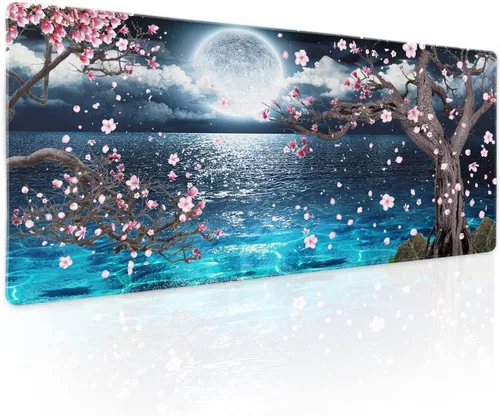 Miniatura 36 de Alfombrilla de ratón rosa y verde anime geométrica japonesa extendida para escritorio 90X40 CM, base de goma antideslizante, borde cosido