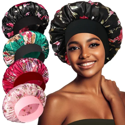 Miniatura 10 de vidsel 4 gorros de satén para mujer, gorro de seda para dormir, gorra de dormir de banda ancha para trenzas de cabello rizado