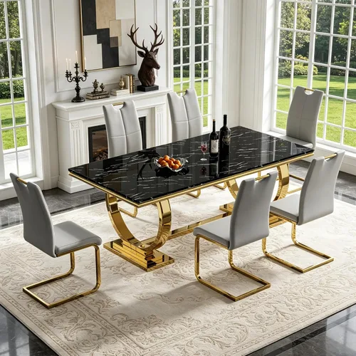 Miniatura 25 de 5 Piece Black Marble Dining Table Set for 4, Modern Faux Marble Kitchen Dining Room Tables with 4 Leather Chairs Set, 68.11" Luxury Rectangular