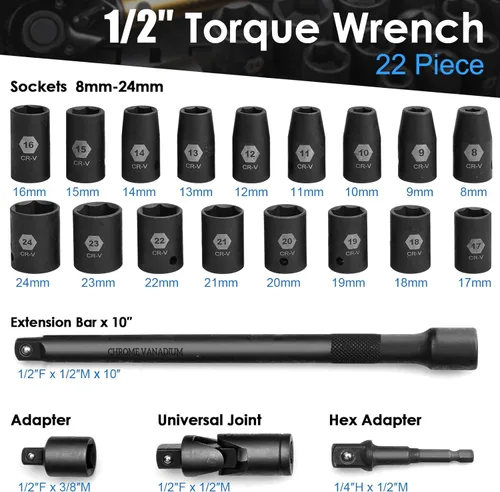 Miniatura 2 de YIYEIE Juego de llaves de torsión de 22 piezas de 1/2" de transmisión, 10-180 pies/libras/13.6-244.1 Nm, llave de torsión con clic con impactadores