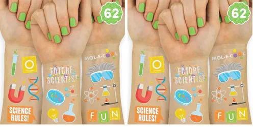 Miniatura 8 de xo, Fetti Tatuajes temporales de fiesta de ciencia - 62 estilos de lámina plateada Suministros para fiestas de cumpleaños de científicos locos