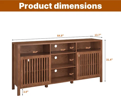 Miniatura 5 de BVIUNTWO - Soporte de TV Farmhouse marrón con puertas con rejilla, 5 compartimentos de almacenamiento abiertos, consola multimedia de 65