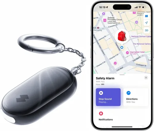 Alarma de seguridad personal de 130 dB para mujeres con aplicación Apple Find My, sirena extra fuerte y luz estroboscópica, llavero de autodefensa