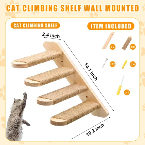 Miniatura 2 de Paquete de 2 estantes de escalada para gatos montados en la pared Escalera de madera para gatos Escalera de escalada para gatos de 4 escalones