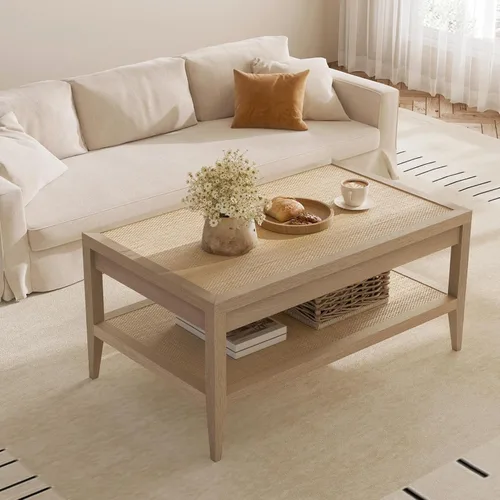Miniatura 2 de SICOTAS - Mesa de café de ratán para sala de estar - Mesa central de comedor rectangular de estilo bohemio con estante de almacenamiento de ratán