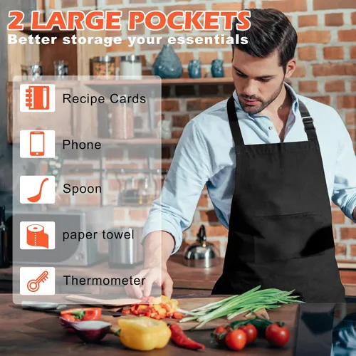 Miniatura 3 de Delantal con pechera, delantales negros unisex, ajustables, lavables, con 2 bolsillos para cocina, manualidades, barbacoa, dibujo